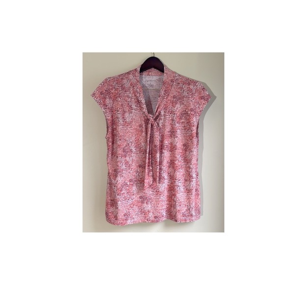 Talbots Tie Neck Sleeveless Blouse Abstract Dot Pink White Size XL Stretch Boho - Picture 2 of 9